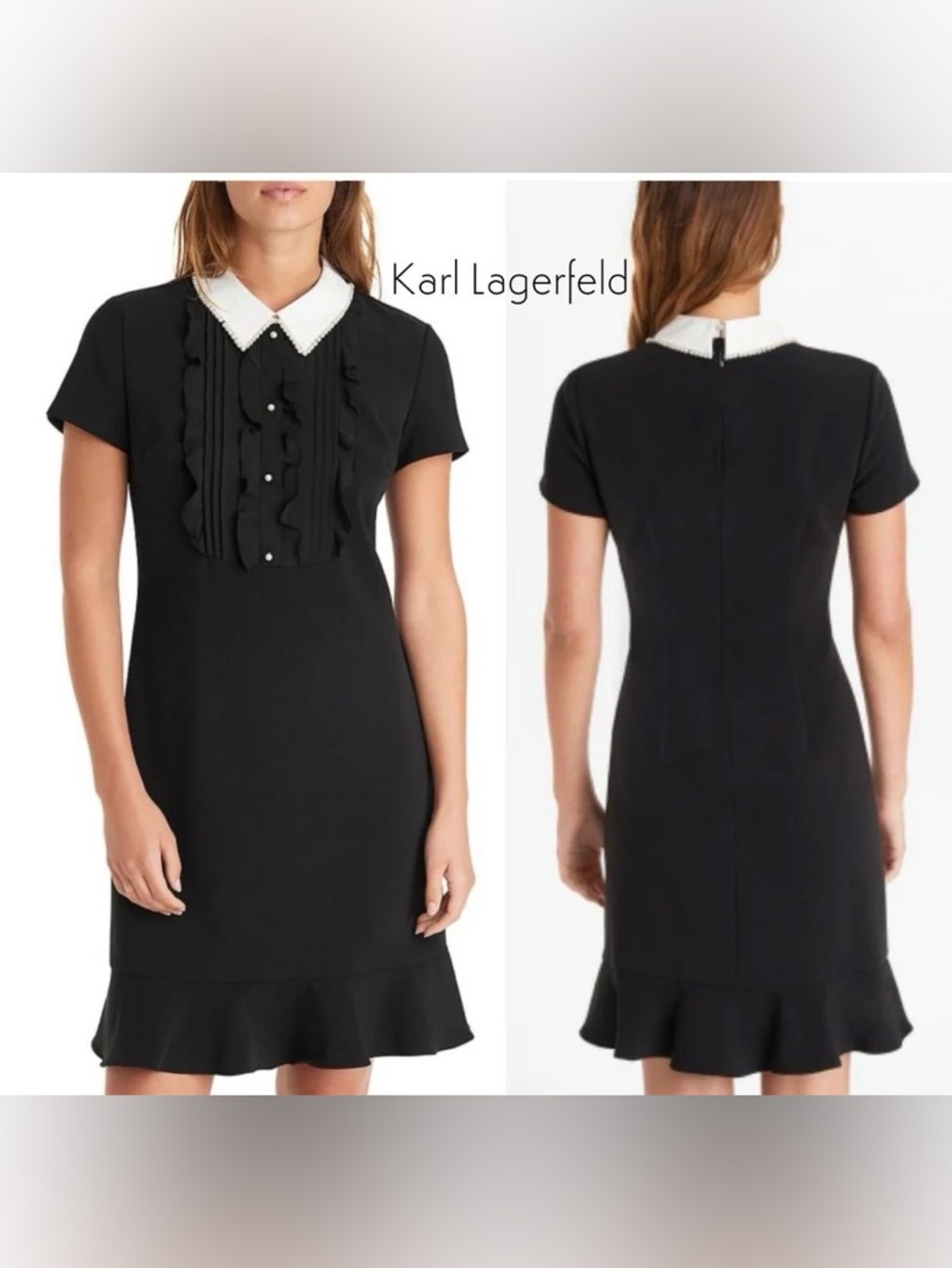 Karl Lagerfeld Black Dress with White Beaded Collar